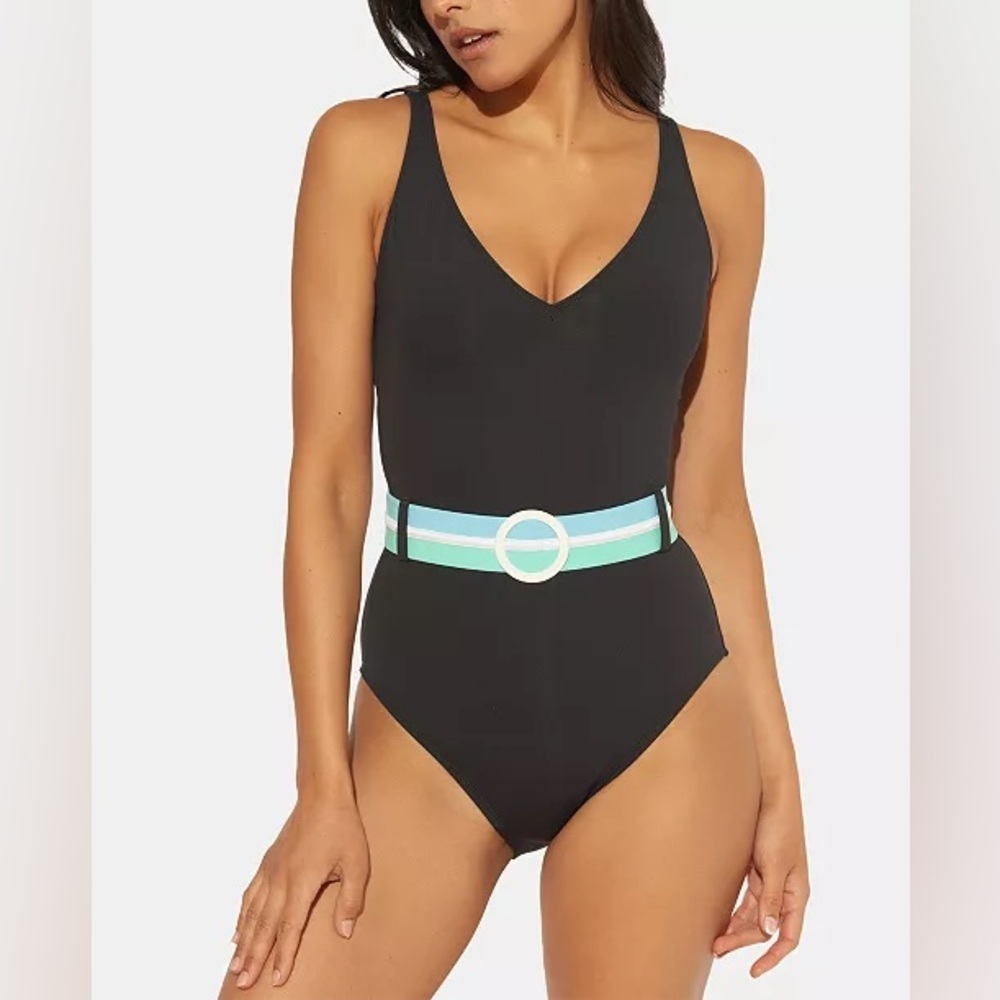 Black One Piece Swimsuit Swim Wear Bleu Rod Beattie Belted Sz 4 Slimming Luxury